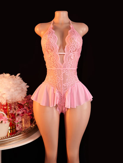 Pink Sexy Lace Bodysuits Crotchless Deep V Open Teddy Babydoll Sheer Sleepwear Elegant & Seductive Erotic Lingerie For Women.