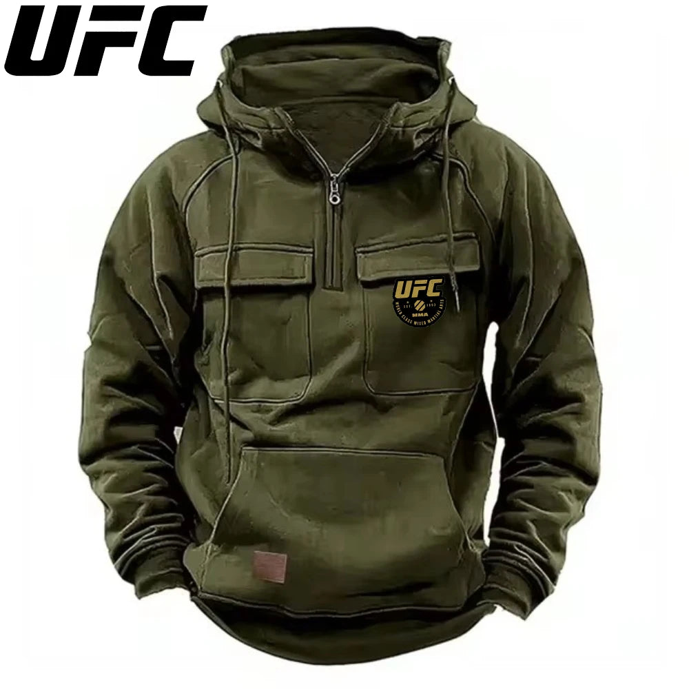 UFC Autumn Winter Men's Hooded Solid Hoodies Sweatshirts Sports Outdoor Casual Hoodie Coat Jackets Multi Pockets Male Zipper.