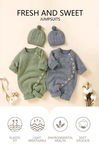 Baby Rompers Knitted Autumn Long Sleeve Newborn Boys Girls Jumpsuits Hats Outfits Sets Winter Solid Infant Netural Overall 0-18m