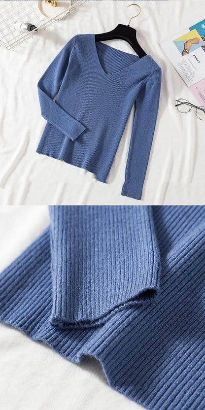2025 mode V-ausschnitt Elastische Grundlegende Top Neue Frauen Pullover Herbst Winter Langarm Pullover Weibliche Winter Solide Strick Jumper.