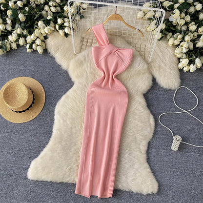 SINGREINY Einzelnen Schulter Tinte Stricken Kleid Backless Tank Gestreiften Schlank Bodycon Sommerkleid Frauen Sommer Beachwear Sexy Chic Vestidos