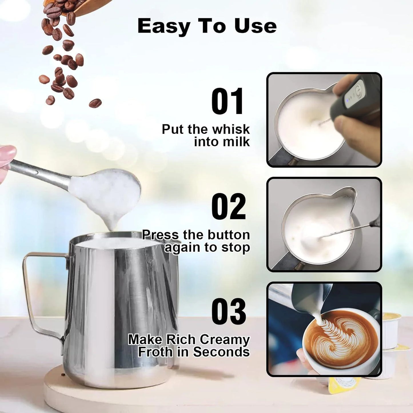 MINI Milk Frother USB Rechargeable 3 Speeds Foam Maker Coffee Whisk Mixer Electric Handle Blender Egg Beater.