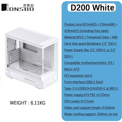 JONSBO D200 MATX Case (Column-Free Curved Sea View/240 Radiator/ATX Power Supply/Digital Display/Type-C Gen2 10Gbps+)