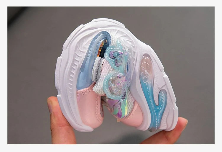 Disney Girls' Casual Shoes Frozen Priness Elsa Sneakers Mesh Leather White Breathable Sole Children's Sport Shoes Size 26-37.