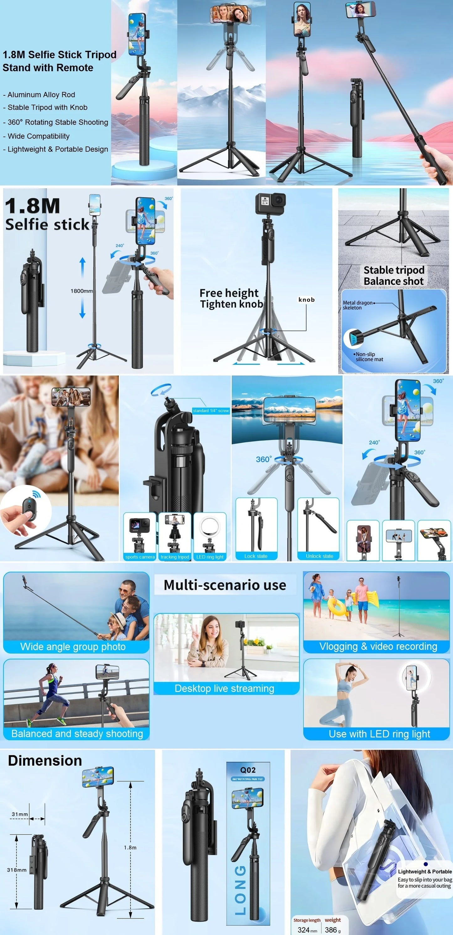 Wireless Selfie Stick Tripod Stand with Remote 1.8m Extendable Tripod Selfie Stick for iPhone Phone Camera Tiktok Video Vlogs.