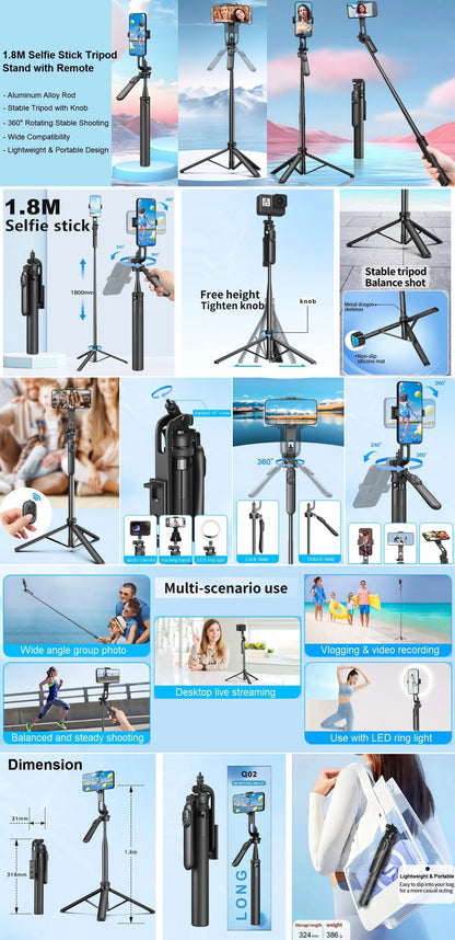 Wireless Selfie Stick Tripod Stand with Remote 1.8m Extendable Tripod Selfie Stick for iPhone Phone Camera Tiktok Video Vlogs.