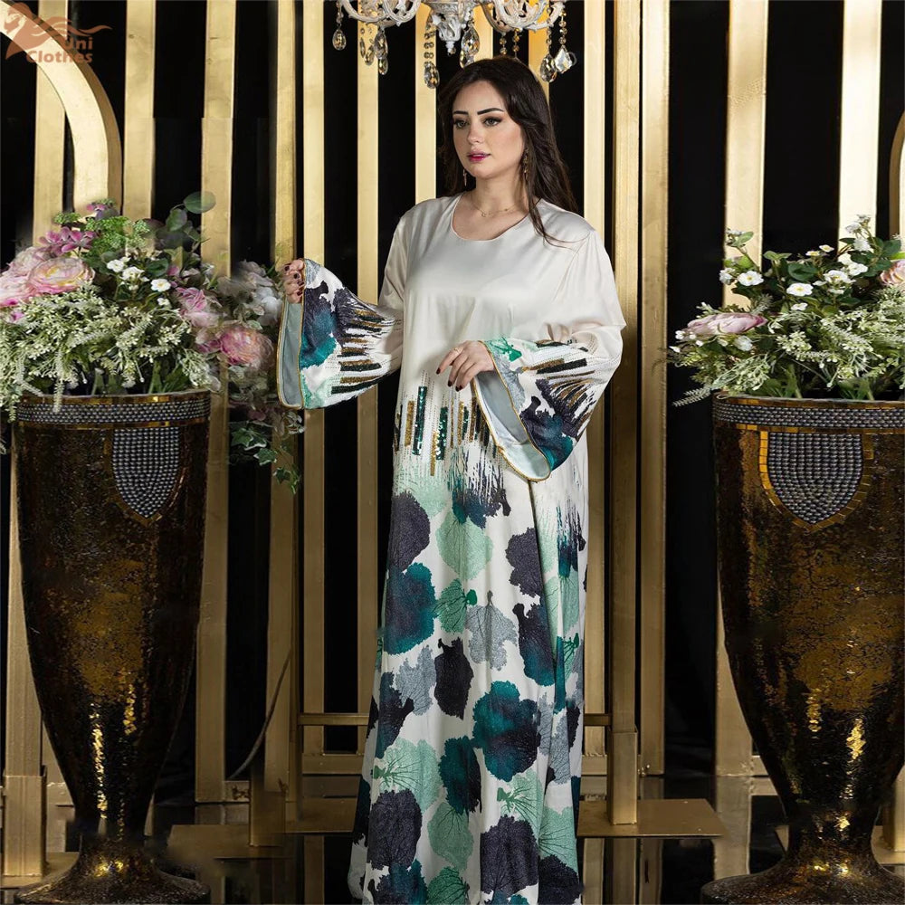 Uni Arab Saudi Printing Sequins Long Dresses Galabia Muslim Eid Women Abayas Islam Clothing Turkish African Kebaya 2025 New.