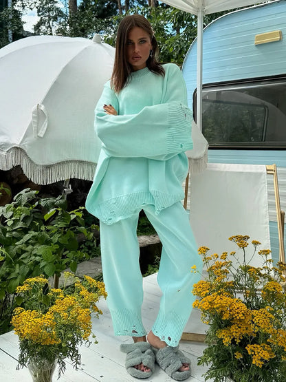 Bornladies Autumn Winter Women's New Turtleneck Knit Sweater Skinny Knit Pants Set Soft Oversized Ripped Hem Fashion Pullover