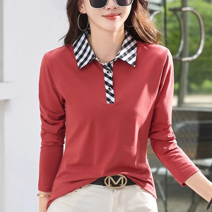 European station lapel long sleeved t-shirt women's new high-end fashion light luxury casual plus size spring and autumn top