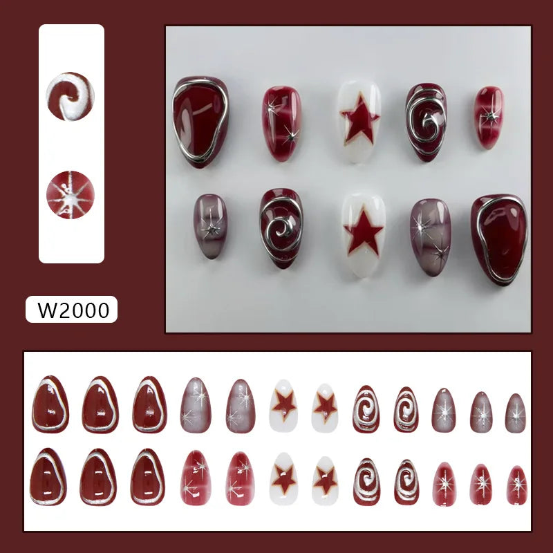 24pcs Red Star Print Fake Nails Sweet Cool Short Almond Press on Nail for Women Wearable Detachable Ins Spice Girl False Nails