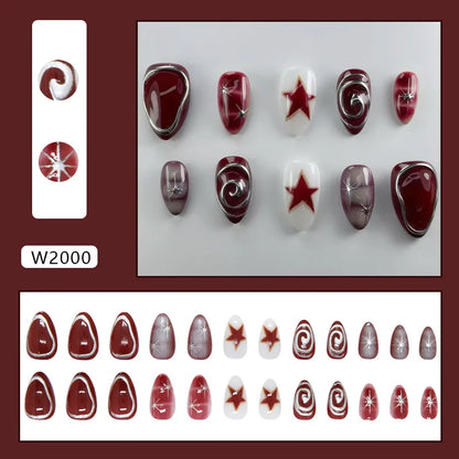 24pcs Red Star Print Fake Nails Sweet Cool Short Almond Press on Nail for Women Wearable Detachable Ins Spice Girl False Nails