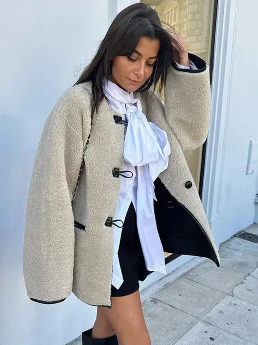 ZBZA Women's Faux Wool Jacket Loose Retro O-neck Single Breasted Long Sleeve Double Pocket Casual Overcoat Fall Winter Chic Coat.