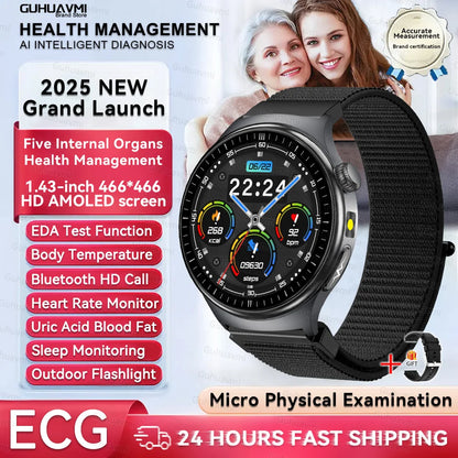 1.43'' HD Sapphire Smart Watch Bluetooth Call Blood Fat Uric Acid Heart Rate Body Analysis Five Organs Health Smartwatch Men Wom