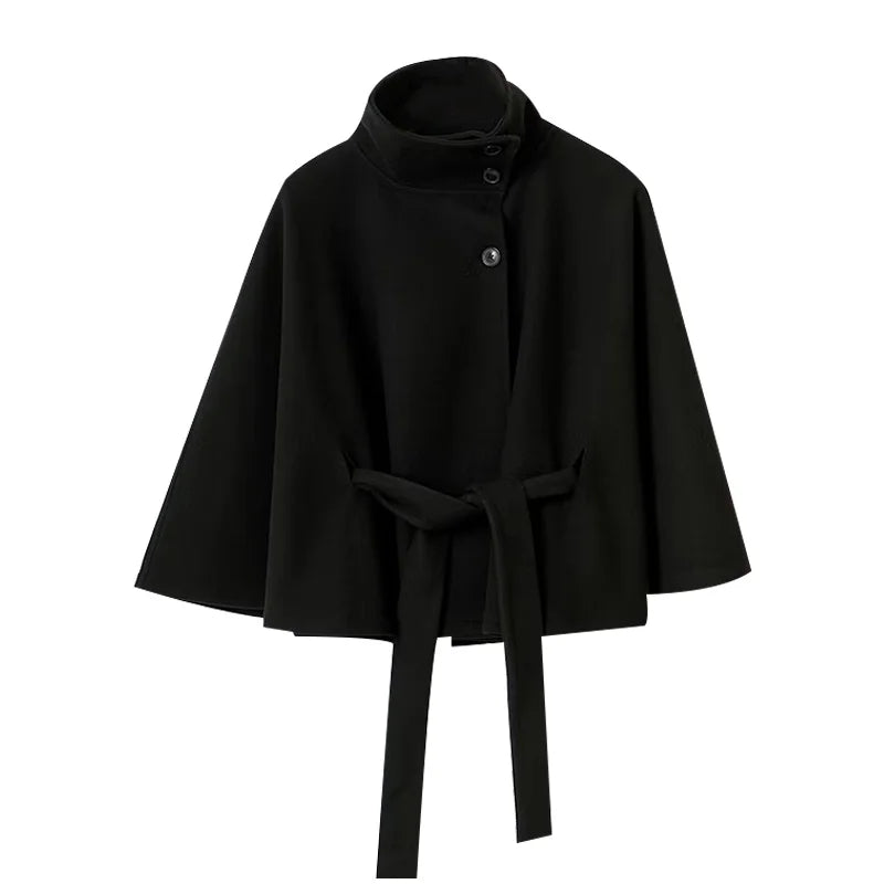 Damenmantel, kurze Cape-Mäntel für Damen, Gürtel, Mäntel aus Kunstwolle und Mischungen, Herbst-Winter, feste Mäntel, elegante Umhangjacke für Damen.