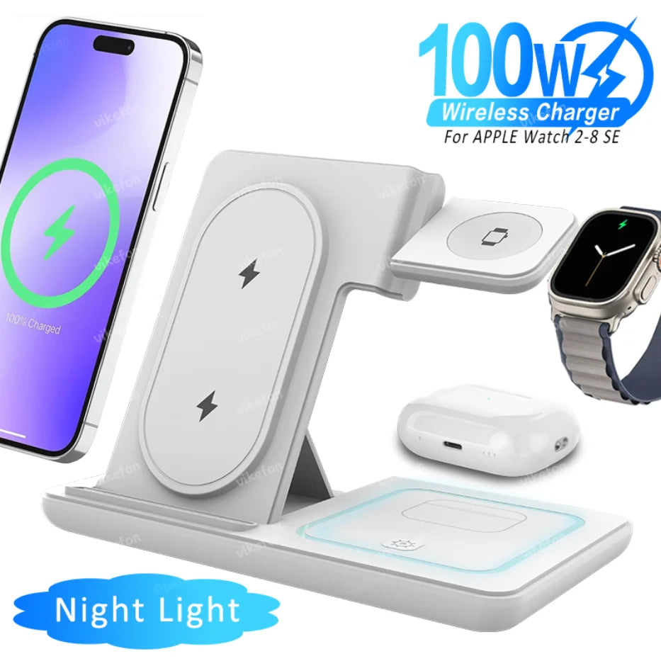 100W 3 in 1 Night Light Wireless Charger Stand For iPhone 16 15 14 Apple Watch 2-8 SE Airpods Pro Fast Charging Foldable Holder.