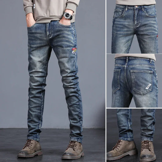 New Men's Vintage Jeans Korean Fashion Slim Little Feet Embroidered Trousers Stretch Male Streetwear Denim Pants.