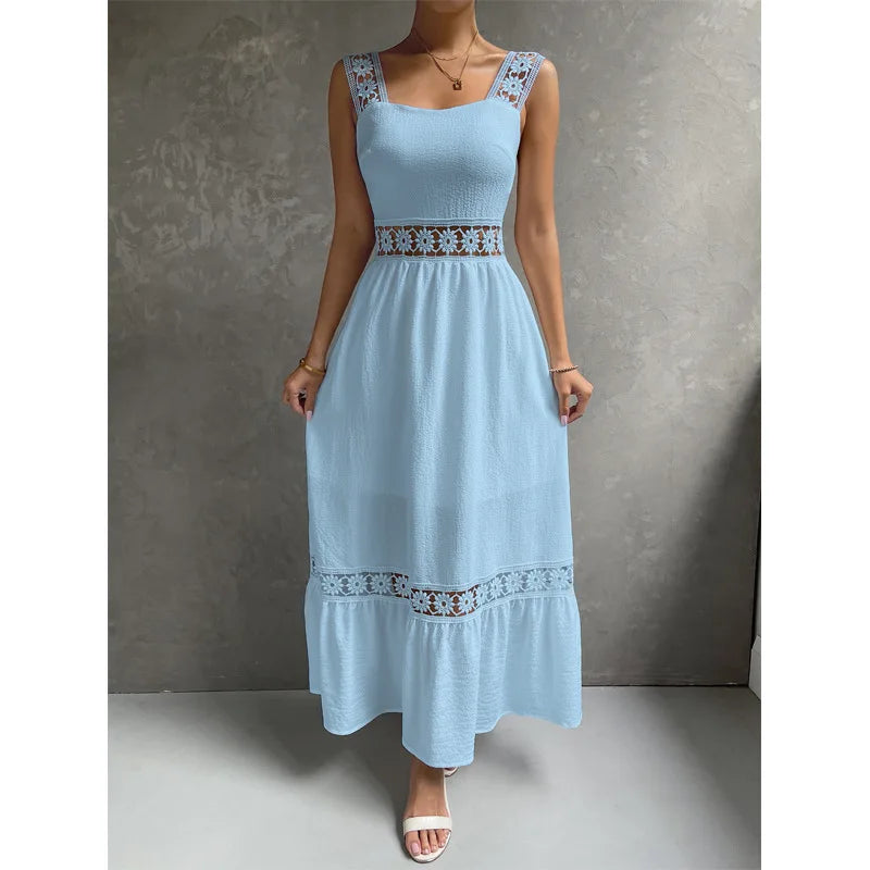 Weiße Lange Kleid Frauen Sommer Sexy Sleeveless Backless Maxi Kleider Damen Elegante Hohle Heraus Spitze Kleid Boho Sommerkleid Vestidos