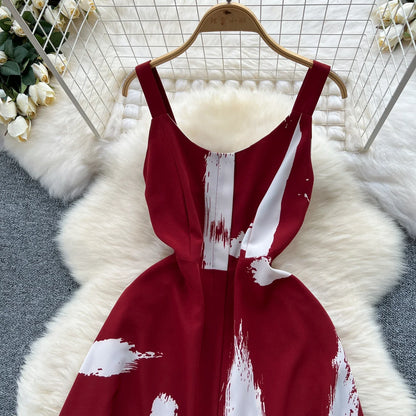 Neue Sommer Druck Süße Kleid Träger O Neck Backless Split Elegante Damen Urlaub Strand Party Midi Sommerkleid