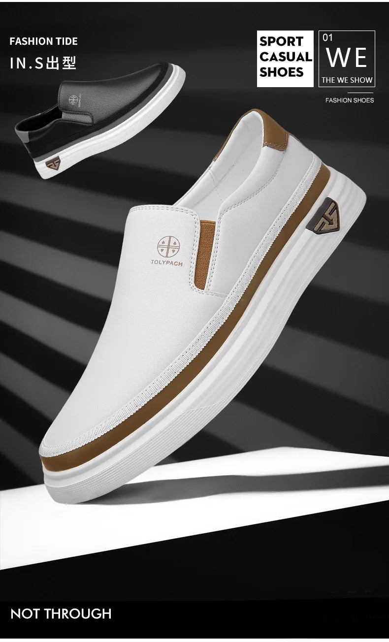 New 2025 Men's Genuine Leather Casual Sneakers Spring Summer Fashion Slip-On White Shoes Soft Sole Comfortable for Everyday Wear.