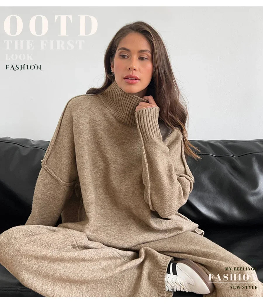 2025 Turtleneck Sweater Set Women's European, American Autumn and Winter New Loose Casual Lazy Thickened Knitted Trousers Set.