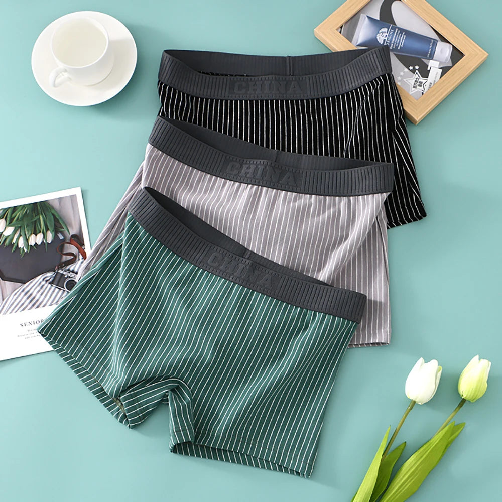 3PCS/Pack 100% Cotton Soft Panties Woman Trendy Striped Female Underwear Summer Breathable High Elastic Mid-rise Waist Boyshort
