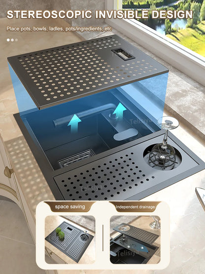 Versteckte Küchenspüle, Edelstahl-Barspüle, Unterbau, Mini-Einzelschlitz, kleines multifunktionales Wohnmobil-Waschbecken mit Deckel