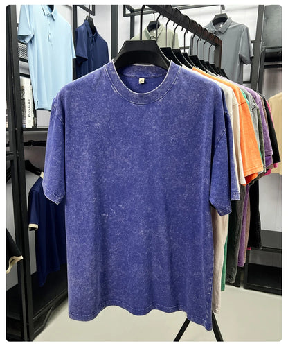 Personality washed vintage short sleeve T-shirt high-end 100% pure cotton men fashion round neck comfort lightweight casual top