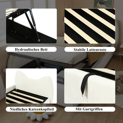 Polsterbett, Einzelbett, süßes Katzendesign, hydraulisches Bett mit Stauraum und Gürtelgriffen, stabiler Gitterrost, 90 x 200 cm