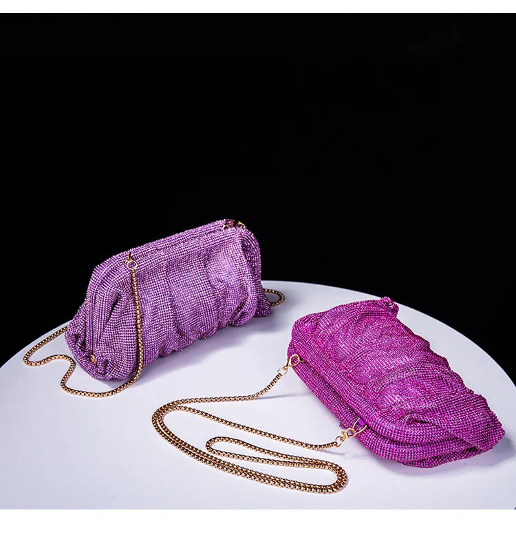 Premium Handmade Diamond-encrusted Clutch Bag Pleated Chain Rhinestone Cloud Clip Dinner Bag Single Shoulder Oblique Span Bolsos.