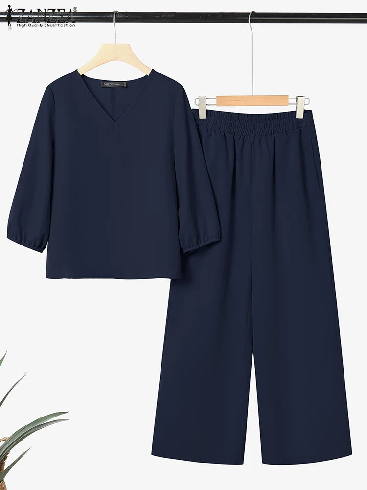 ZANZEA Autumn 2 Piece Sets Women Pant Sets Casual V Neck Long Sleeve Tops Pant Suit Elegant Solid Work Tracksuit Oversize 2025.