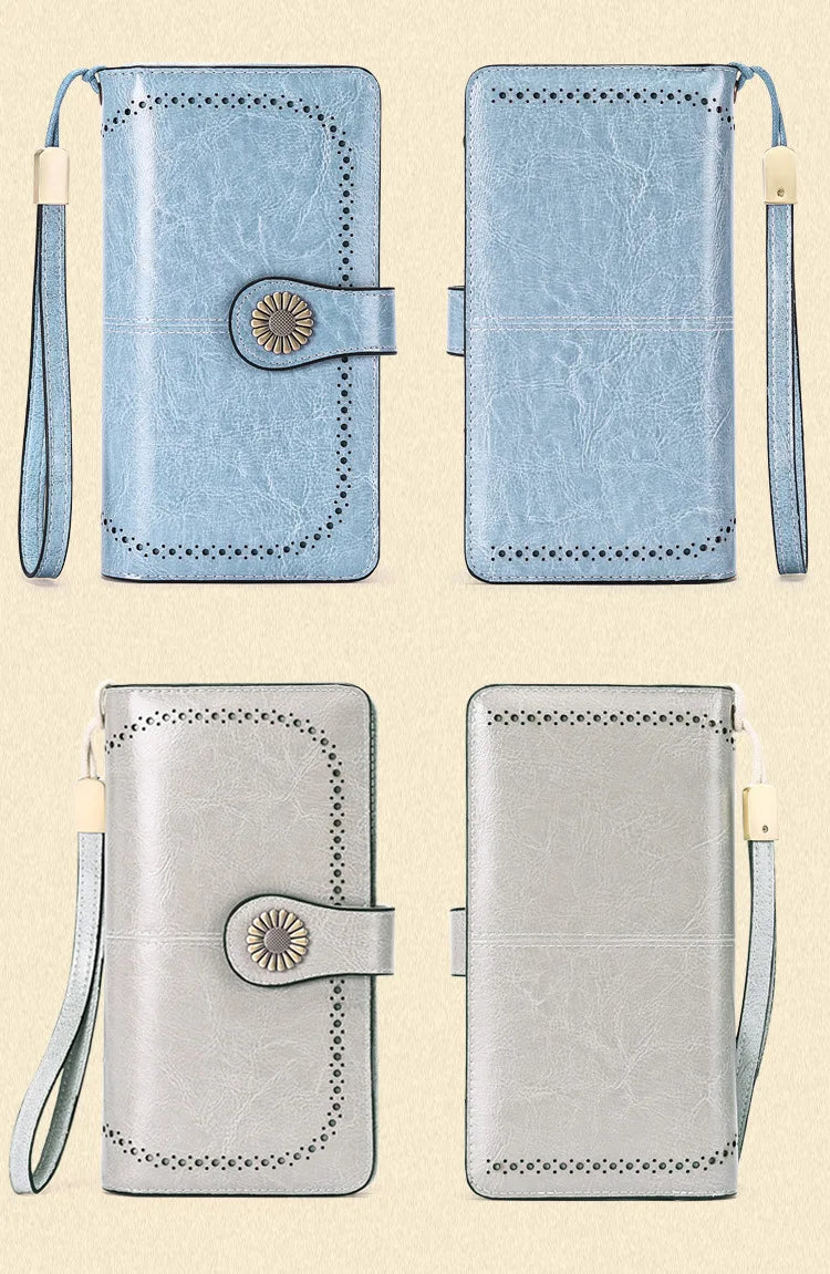 Vintage Large Capacity Women's Purse, Oil wax skin, Multi-card, Long Wallet, Multi-function Zipper Strap, Wrist Strap, New.