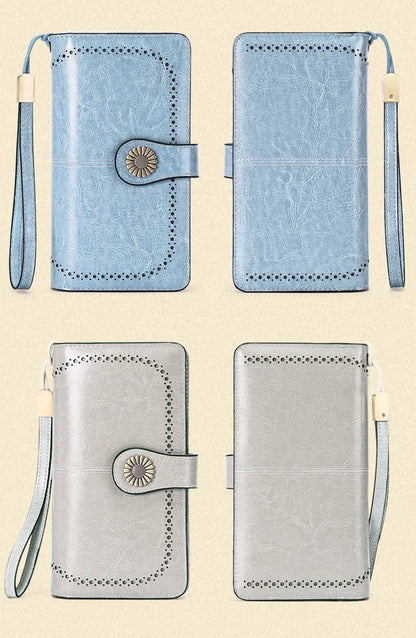 Vintage Large Capacity Women's Purse, Oil wax skin, Multi-card, Long Wallet, Multi-function Zipper Strap, Wrist Strap, New.