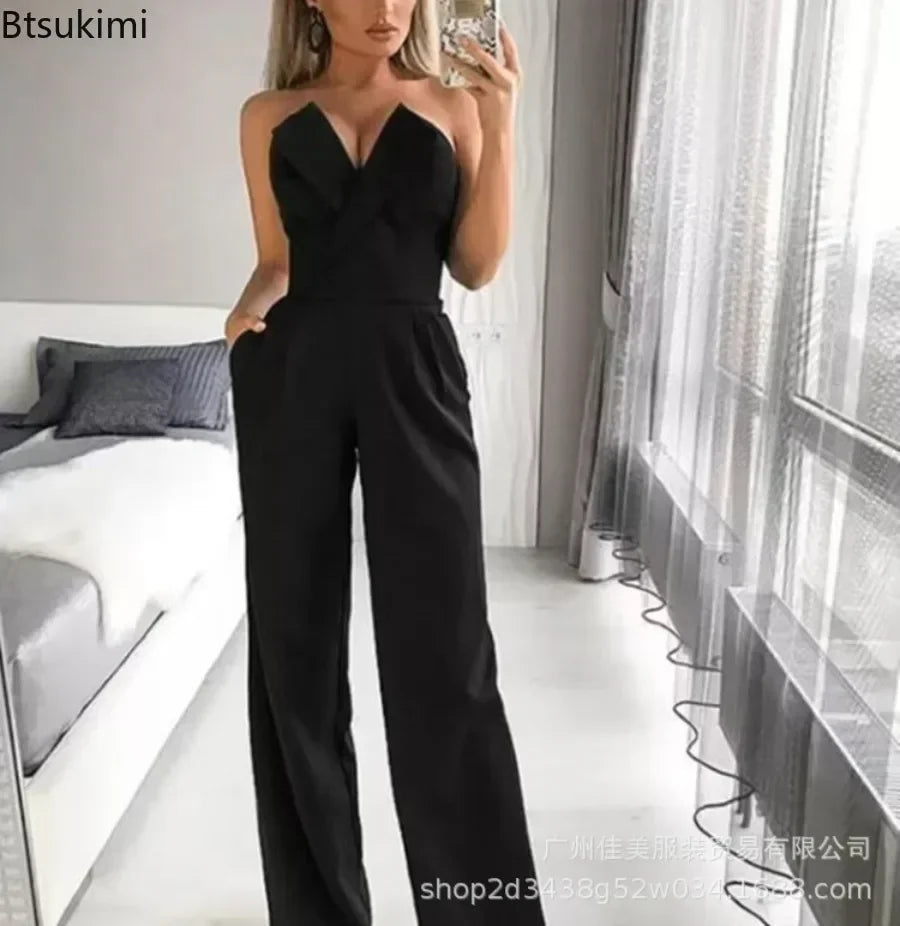 2025 Women's Elegant Jumpsuits Solid Off Shoulder Sexy Club Jumpsuit Female Sleeveless High Waist Slim Wide Leg Jumpsuit Pants.