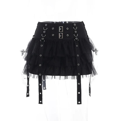 Goth Dark Ruffles Mall Gothic Mesh Splice Mini Skirts Grunge Aesthetic Harajuku Buckle A-line Skirt Punk High Waist Alt Bottoms.