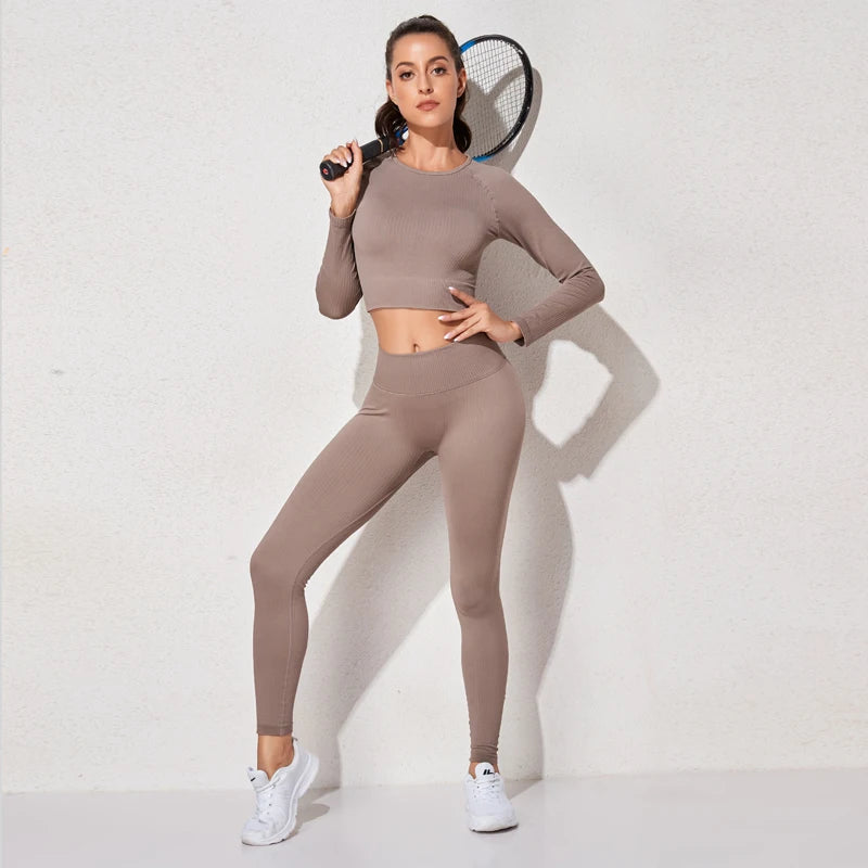 Women's Sportswear Yoga Set Workout Clothes Athletic Wear Sports Gym Legging Seamless Fitness Bra Crop Top Long Sleeve Yoga Suit.