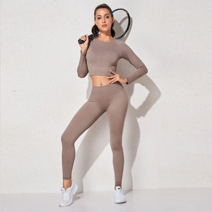 Women's Sportswear Yoga Set Workout Clothes Athletic Wear Sports Gym Legging Seamless Fitness Bra Crop Top Long Sleeve Yoga Suit.