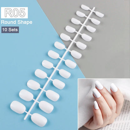 10 Sets/Pack Mixed Solid Colors Coffin Round Square Almond Shape False Nails Full Cover Nail Tips Short Fake Nails Tip Manicure
