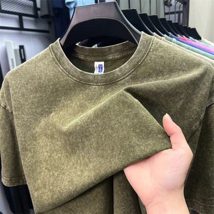 Personality washed vintage short sleeve T-shirt high-end 100% pure cotton men fashion round neck comfort lightweight casual top