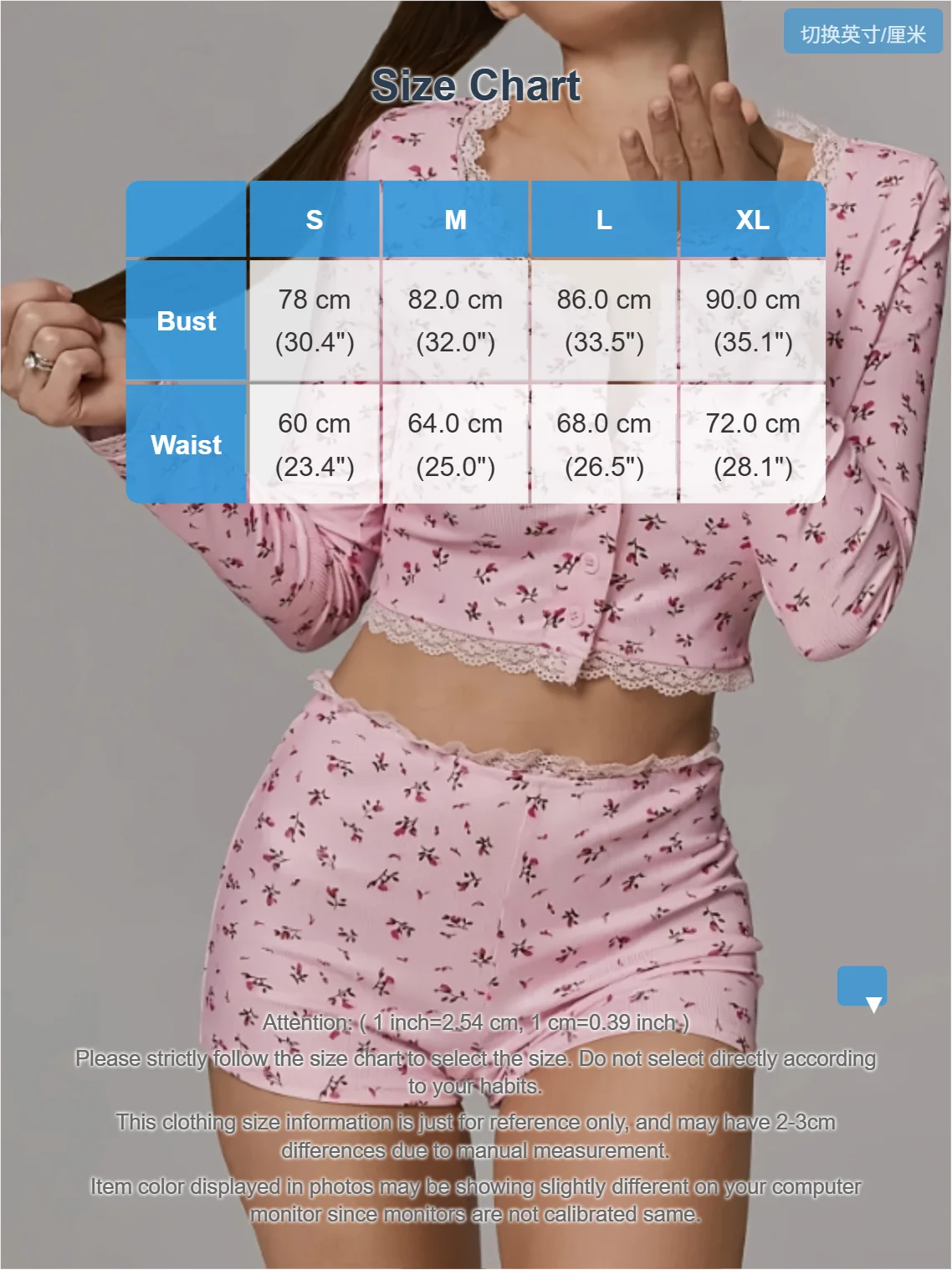 Damen-Pyjama-Set mit Blumenspitzenbesatz, vorne, kurzärmliges Oberteil und Shorts, lässige, bequeme Nachtwäsche.