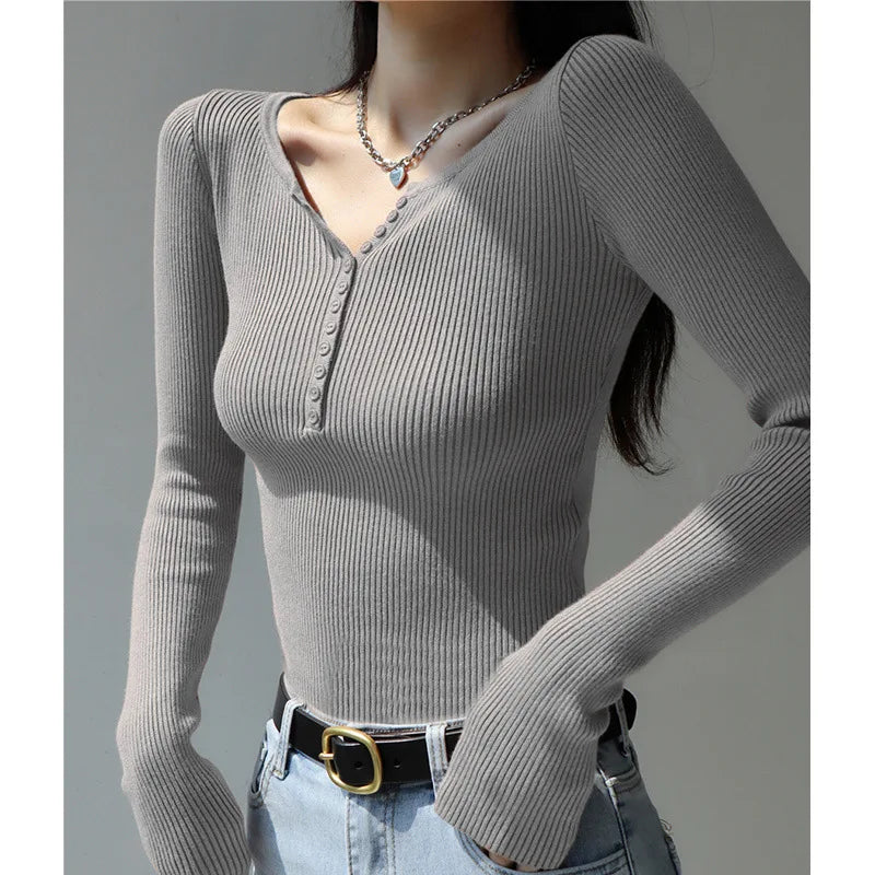 2026 weibliche Casual Tops Pullover Warme V-ausschnitt Frauen Herbst Winter Gestrickte Dünne Pullover Feste Taste Volle Hülse Pullover.