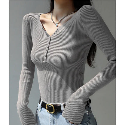 2026 weibliche Casual Tops Pullover Warme V-ausschnitt Frauen Herbst Winter Gestrickte Dünne Pullover Feste Taste Volle Hülse Pullover.