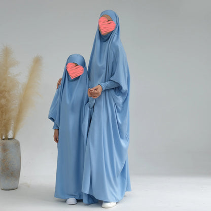 Ramadan Muslim Robe 2 Piece Set Mommy & Kids Prayer Garment Hijab Dress Women Girls Hooded Abaya Niqab Islam Dubai Eid jilbab.