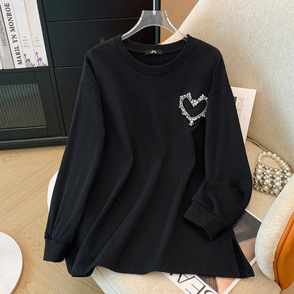 150 kg Übergröße Damen Büste 155 Frühling Herbst Lose Sweatshirt mit hellem Diamantherz Schwarz 5XL 6XL 7XL 8XL 9XL.