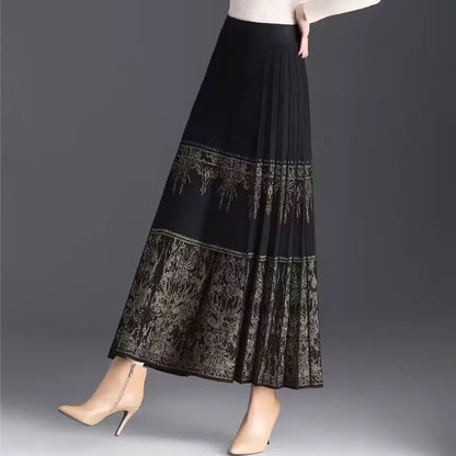 FairyShely Pleated Knitted Skirt For Women 2025 Autumn Winter Warm High Waist Long Skirts Ladies Plus Size Black A-line Skirt.