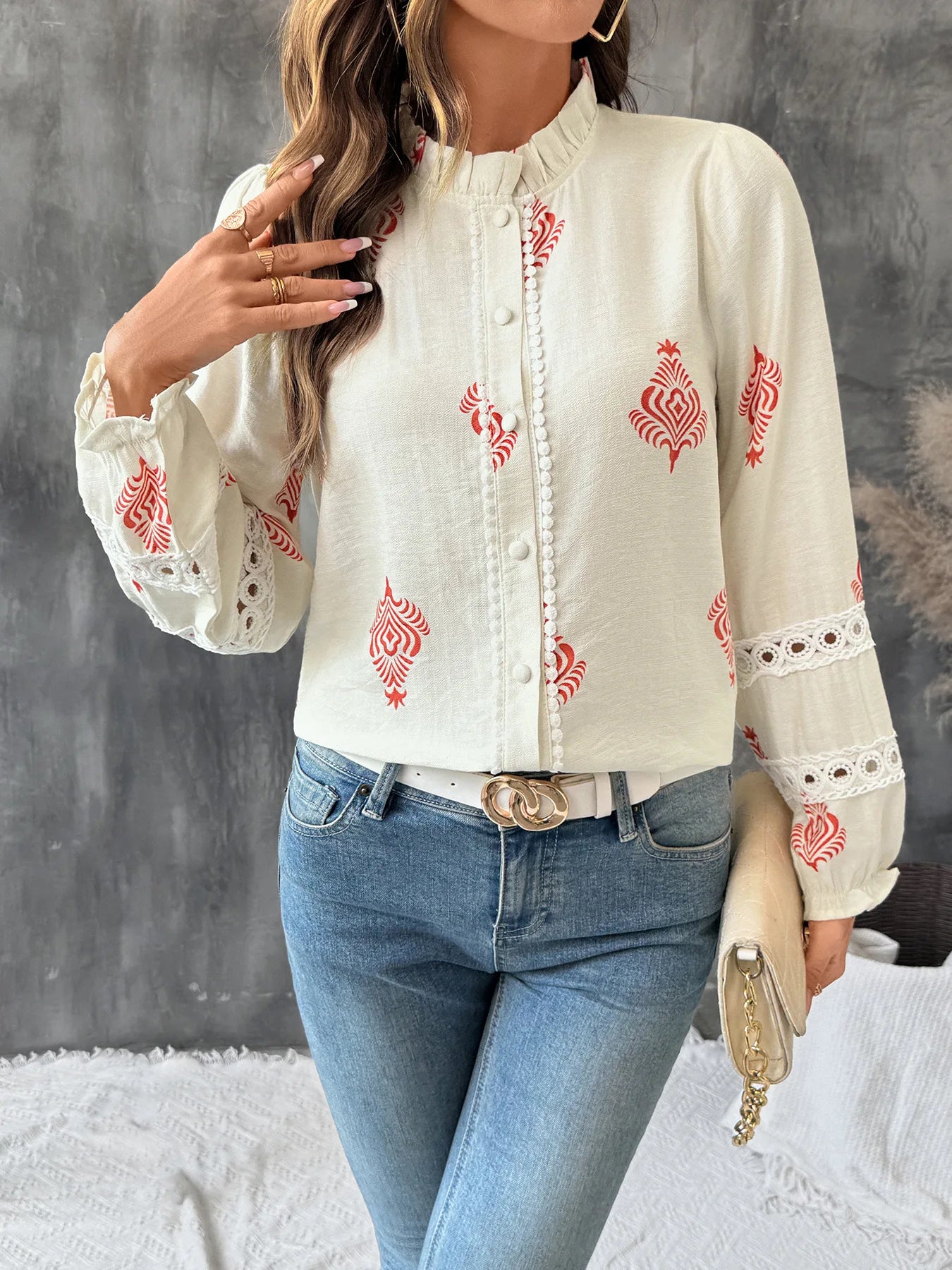Women's Printed Casual Trendy Stand Collar Single-breasted Loose Shirts European New Fashion Female Ethnic Clothes Tops Cardigan.