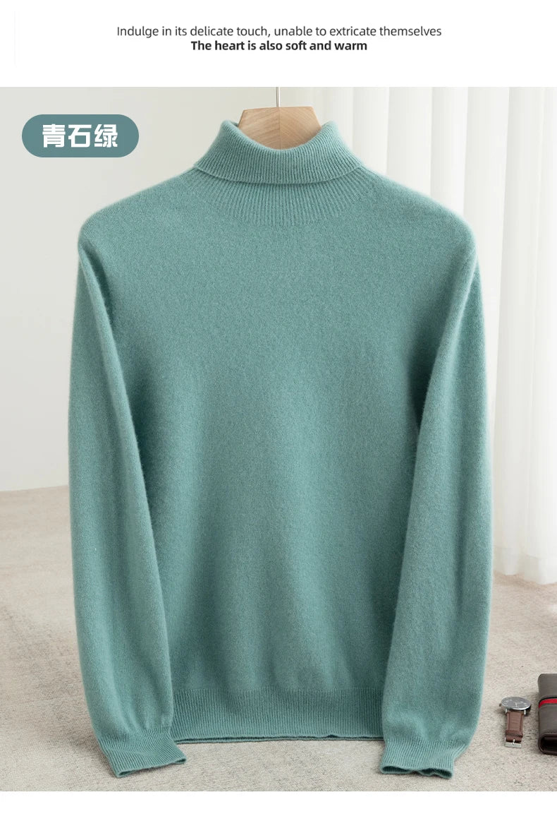 Men 100% Merino Wool Sweater Turtleneck Knitted Pullover Cashmere Warm Solid Color Clothes Business Bottoming Tops Autumn Winter