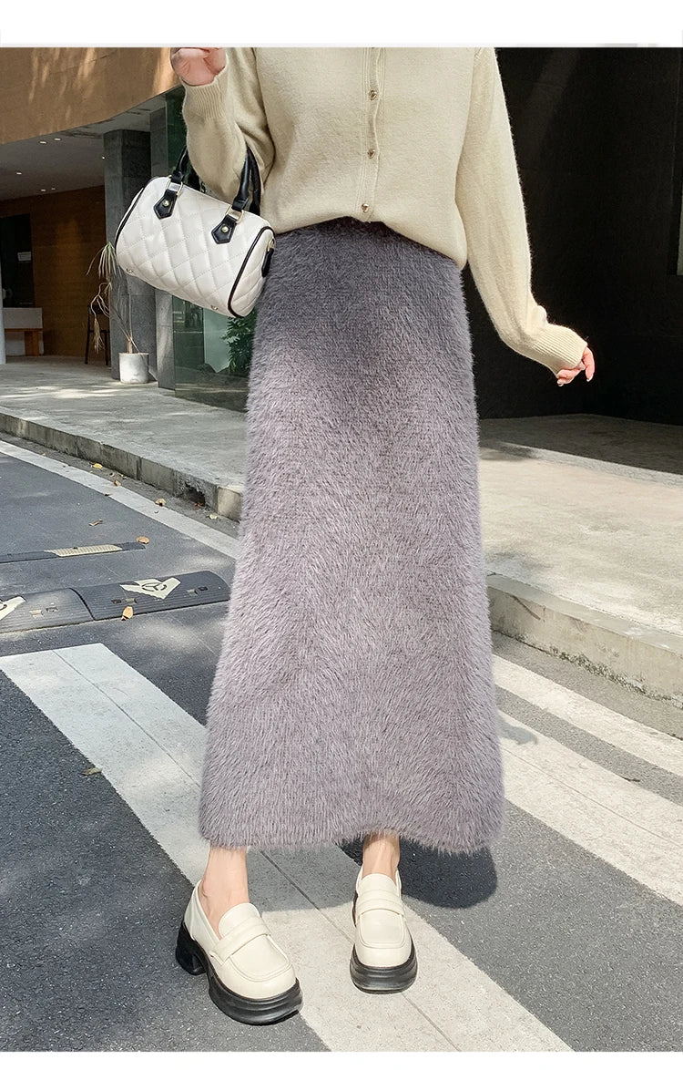 Autumn Winter New Knit Long Skirt Women Casual Thick Korean High Waist Soft A-Line Skirt
