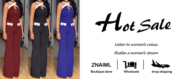 Znaiml Black Women's Sleeveless Cross Spaghetti Strap Loose Jumpsuit Autumn Office Wide Leg Pants Streetwear Overalls Fashion.