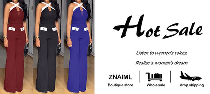 Znaiml Black Women's Sleeveless Cross Spaghetti Strap Loose Jumpsuit Autumn Office Wide Leg Pants Streetwear Overalls Fashion.