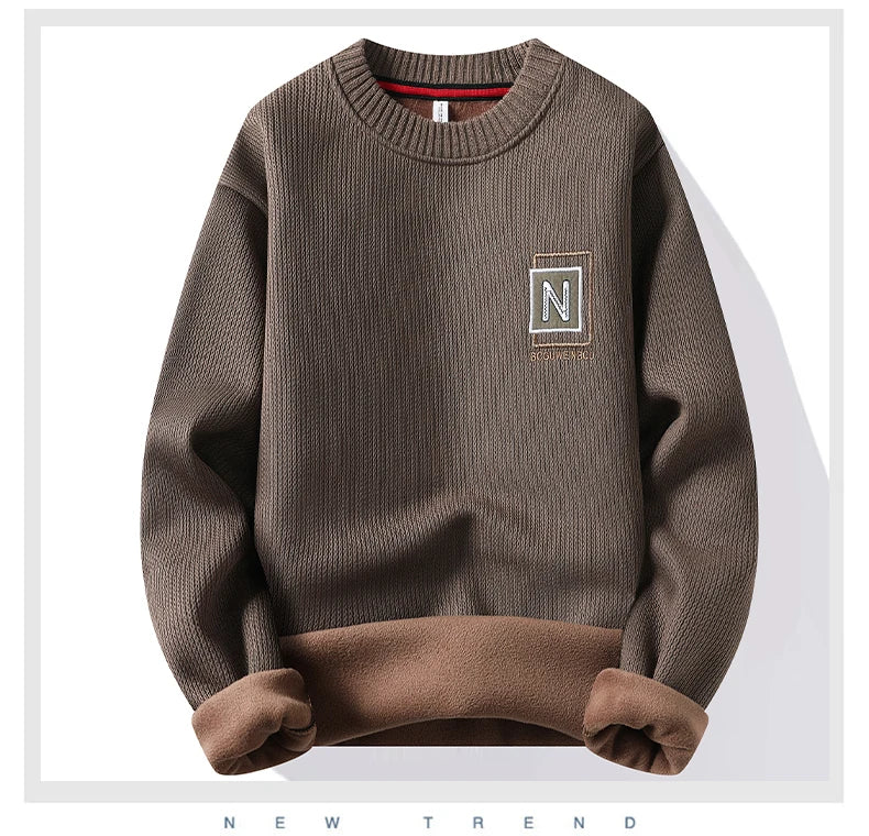 New Men's Fashion Sweater Autumn Winter Fleece Lined Clothes Thickened Pullover Crew Neck Knitted Pullovers Knitwear.